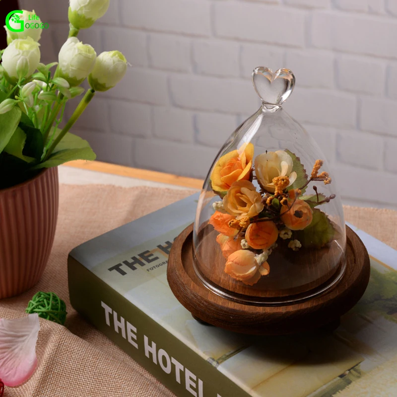 

1pcs Eternal Life Flower Dust-proof Cover Micro Landscape Artificial Flowers Tea Cake Cover Wooden Round Glass Pastry Tray Gift