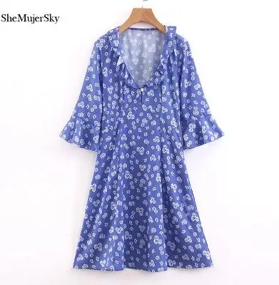 blue dress SheMujerSky платье с оборками и v-образным вырезом, синее платье с цветочным рисунком, элегантное мини-платье, женские летние платья с расклешенными рукавами, vestiti donna - Цвет: blue dress