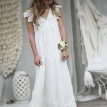 Boho/ г.; Пляжные Платья с цветочным узором для девочек на свадьбу; ТРАПЕЦИЕВИДНОЕ шифоновое кружевное длинное платье для первого причастия для маленьких девочек