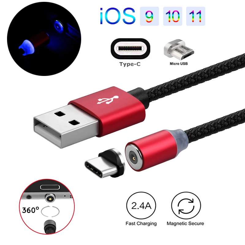 

LED 360Degree Round Magnetic Adapter USB Micro USB/Type C/IOS Fast Charger Cable For iPhone X 8 For Samsung S8 Note 8 S6 S7 LG V