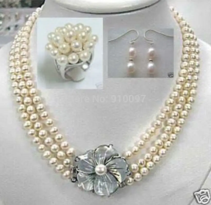 

LHX54013>>Graceful 3 Rows White Akoya Pearl Necklace Ring Earrings Jewelry Set