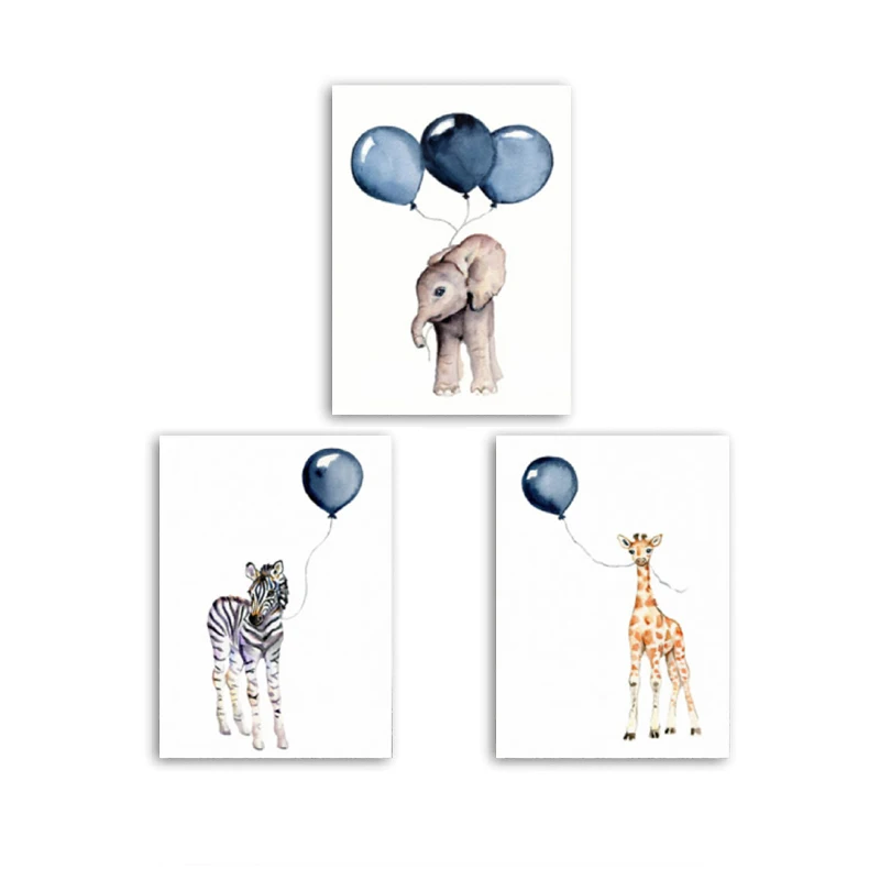 Nordic Cartoon Animals Canvas Paintings Nursery Blue Balloon Art Poster Zebra Elephant Print Wall Pictures Kids Room Decor (5)