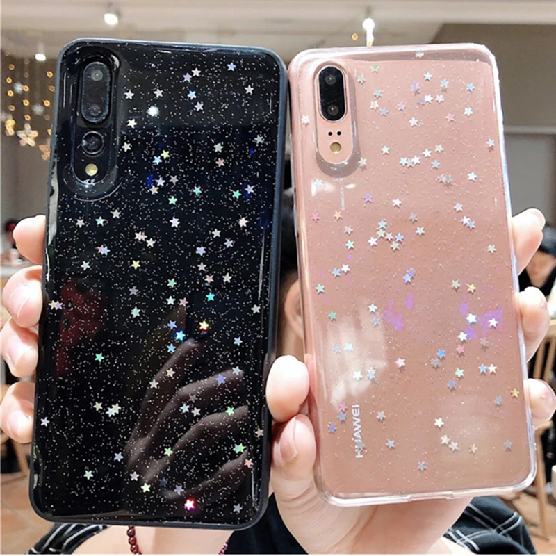 

Cute Clear Glitter Star Phone Cases For Huawei P20 P30 Pro Lite Mate 20 Lite Cartoon Starry Sky Stars Soft TPU Back Cover Case
