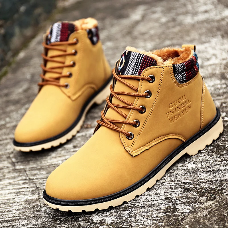 Beste Warm Bont Italië Stijl Mannen Winter Laarzen Lace Up Platte Mannelijke Snowboots Zwart en Geel Woestijn Laarzen voor Mannen