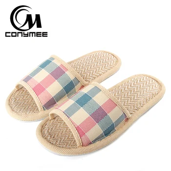

CONYMEE Summer Shoes Women Flax Sandals Lady Plaid Beach Flip Flops Casual Footwear Home Slippers 2018 Sandalias Mujer Big Size