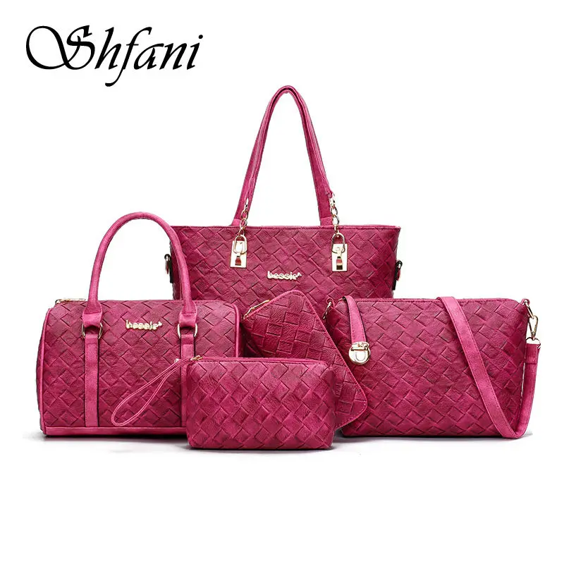 

Shangfanni Brand 2017 Women Picture Package 5pcs/set Leather Knitting Lash Suit Handbags Brand Designers Shoulder Clutch Bag