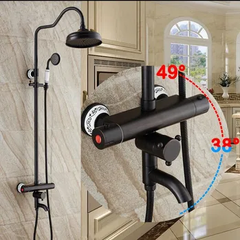 

Shower Faucets Thermostatic Shower Faucet Set Black Oil Bathroom Rainfall Shower Set With Mixer Tap Wall Mounted Dual Handle