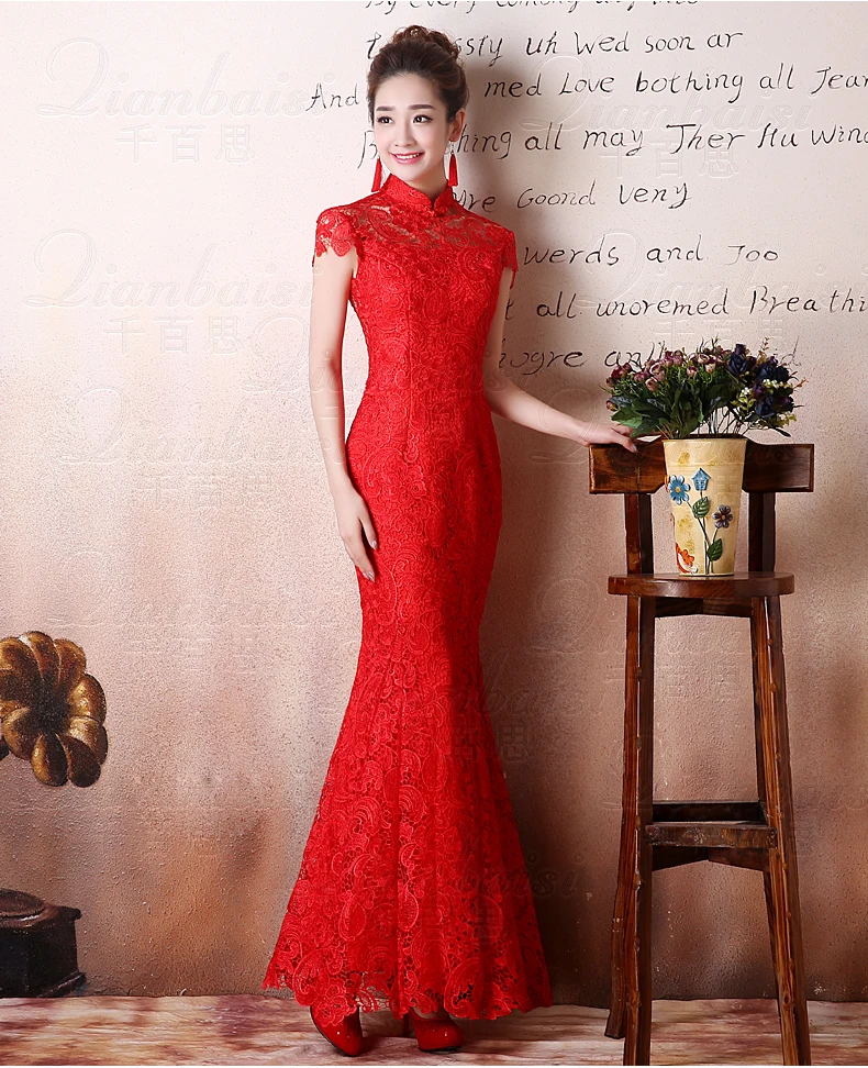 Ципао красный кружевной Чонсам современный китайский традиционный свадебный платье для женщин Vestido восточные воротники сексуальные длинные Qi Pao