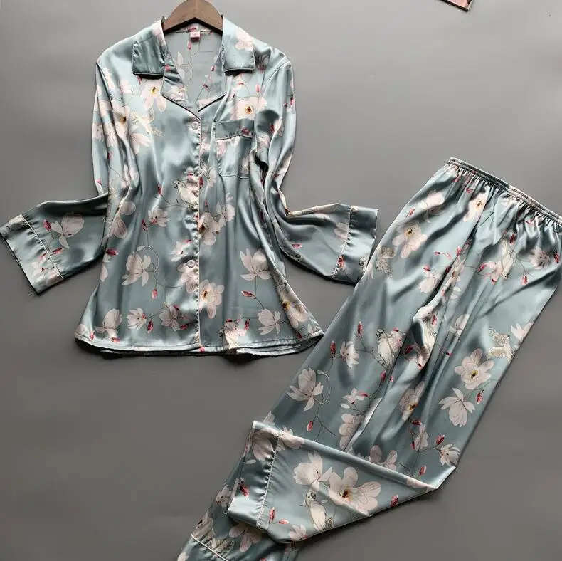 Атласные пижамы, женские пижамы наборы для ухода за кожей с брюки девочек цветочный принт с длинным рукавом шелковые пижамы Pijama Mujer женский