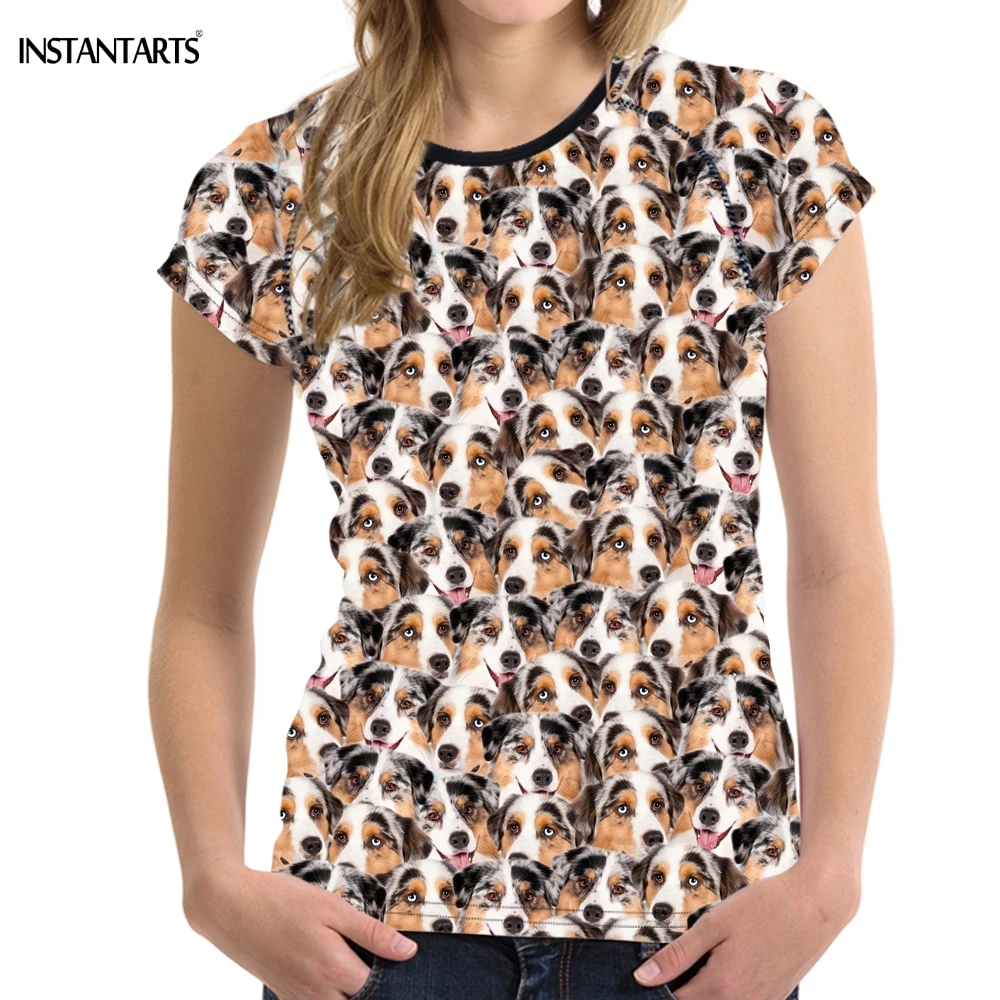 

INSTANTARTS Cute 3D Animal Australian Shepherd Puppy Print Woman Summer T Shirts Fashion Brand Fitness T-shirts Short Sleeve Tee