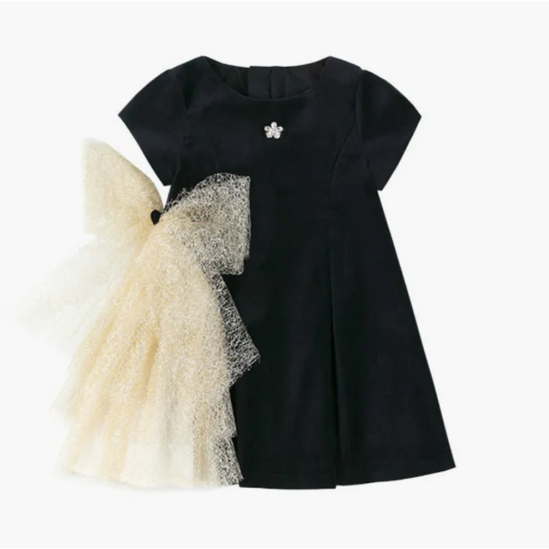 

2019 Spring new quality children's wear black Swan Champagne gold bow yarn fluffy dress princess baby girls wedding dress