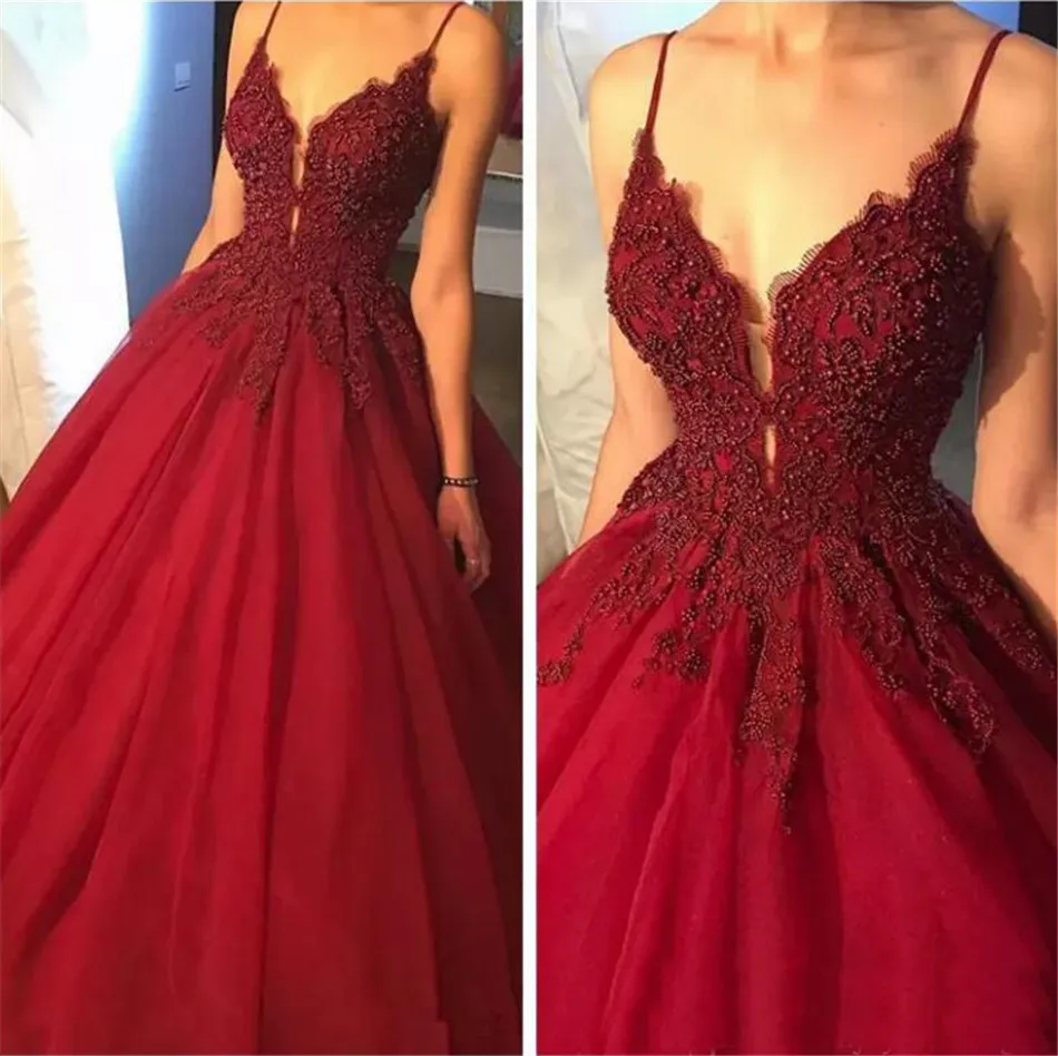 

Burgundy A-Line Evening Dress 2019 Spaghetti Strap Beaded Appliques Tulle Long Formal Prom Gowns Custom Made Party Dresses