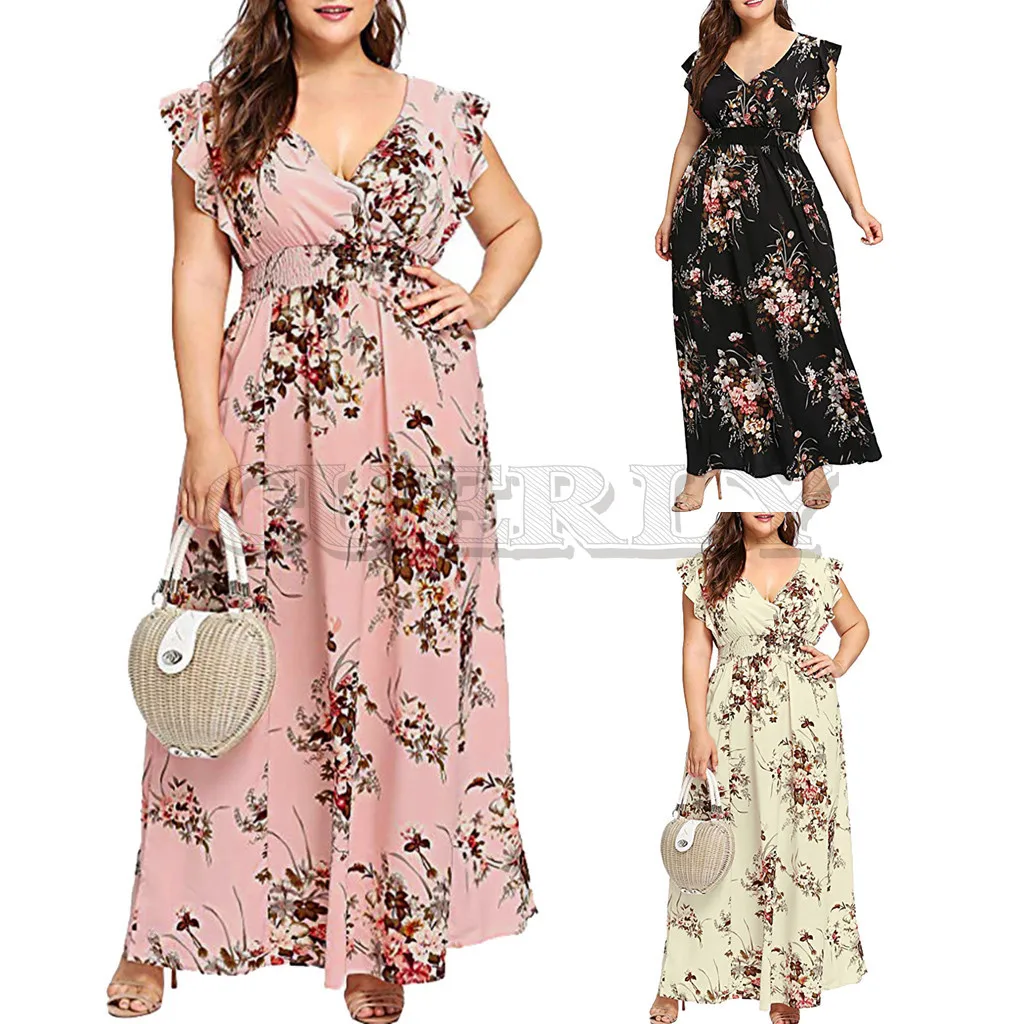 

Women Plus Size Summer V Neck Floral Print Boho Sleeveless Party Maxi Dress l CUERLY comfortable breathe fashion saia