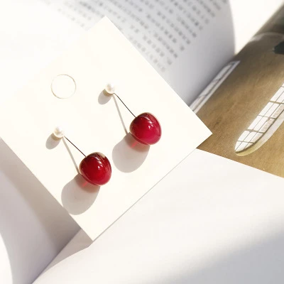 AOMU Japan Cute Sweet Simulation Gradient Red Cherry Gold Color Fruit Pearl Stud Earrings for Women Girl Lovely Party Birthday - Окраска металла: C Small