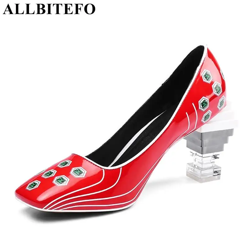

ALLBITEFO crystal heel women party shoes square toe pu leather thick heel women shoes brand high heels ladies shoes size:33-43