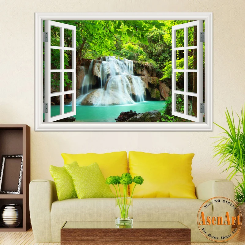 3d Wall Sticker Home Decal Waterfall 3d Window View Wallpaper Nature