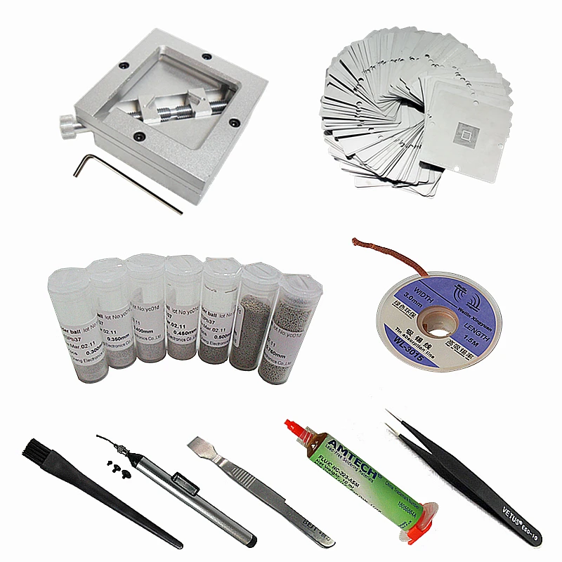 

10pcs 90mm Directly Heat Stencils Template + BGA Reballing Station Solder Ball Suction Line Kit For Rework
