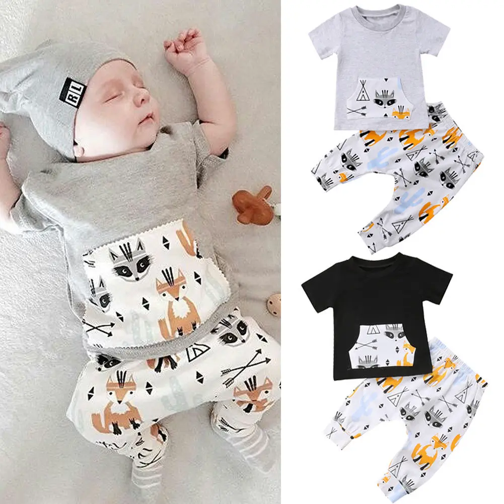 2PCS Newborn Infant Baby Boys Short Sleeve Cartoon Tops Shirt+Pants Outfits Set 
