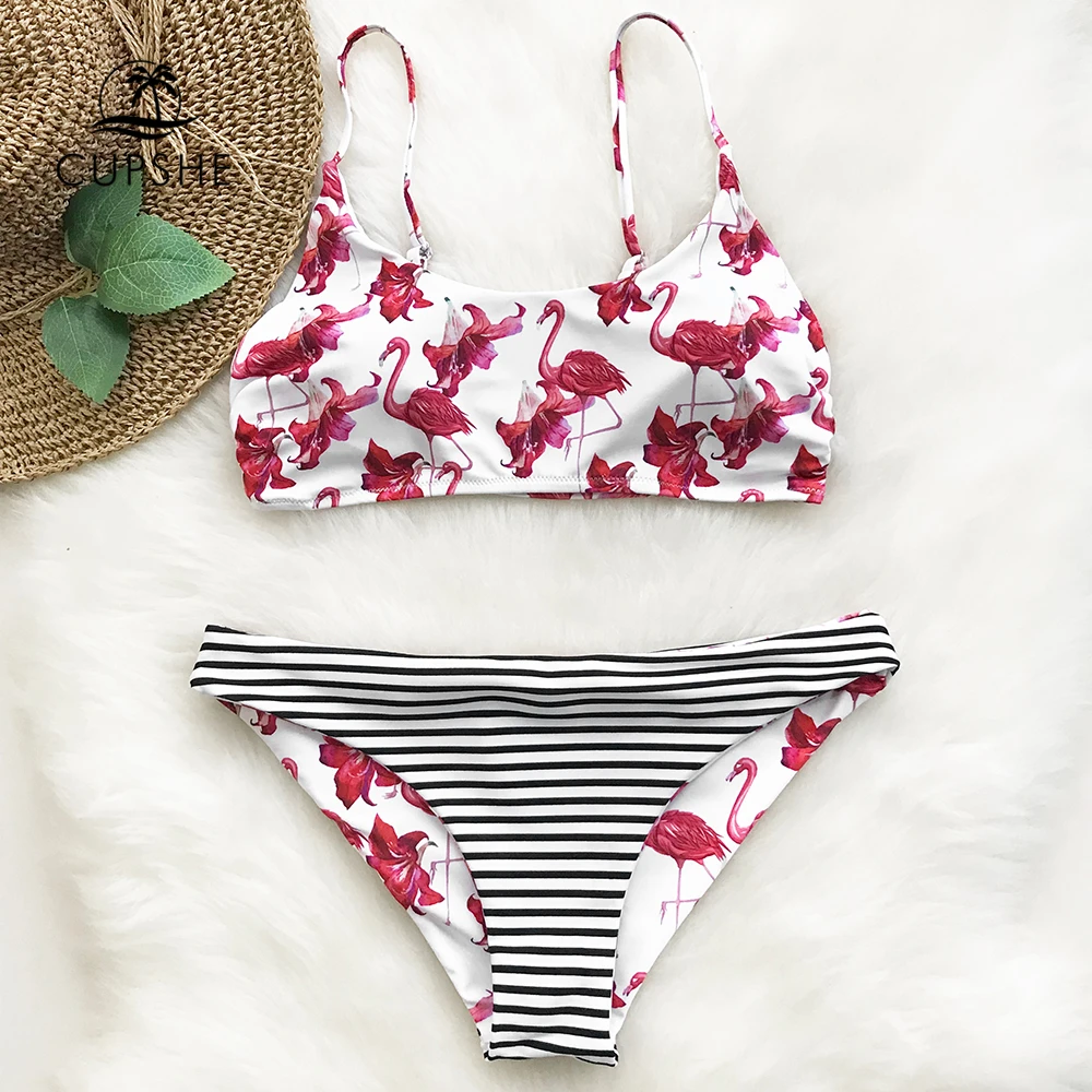 Kaufen CUPSHE Flamingo Kostenloser Zu Fliegen Drucken Bikini Set Frauen Low taille Tanga Zwei Stücke Bademode 2020 Reversible Badeanzüge badeanzüge