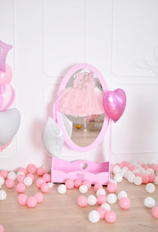 

Laeacco Princess Backdrops Gray Chic Wall Balloons Mirror Dress Birthday Party Interior Photographic Background For Photo Studio
