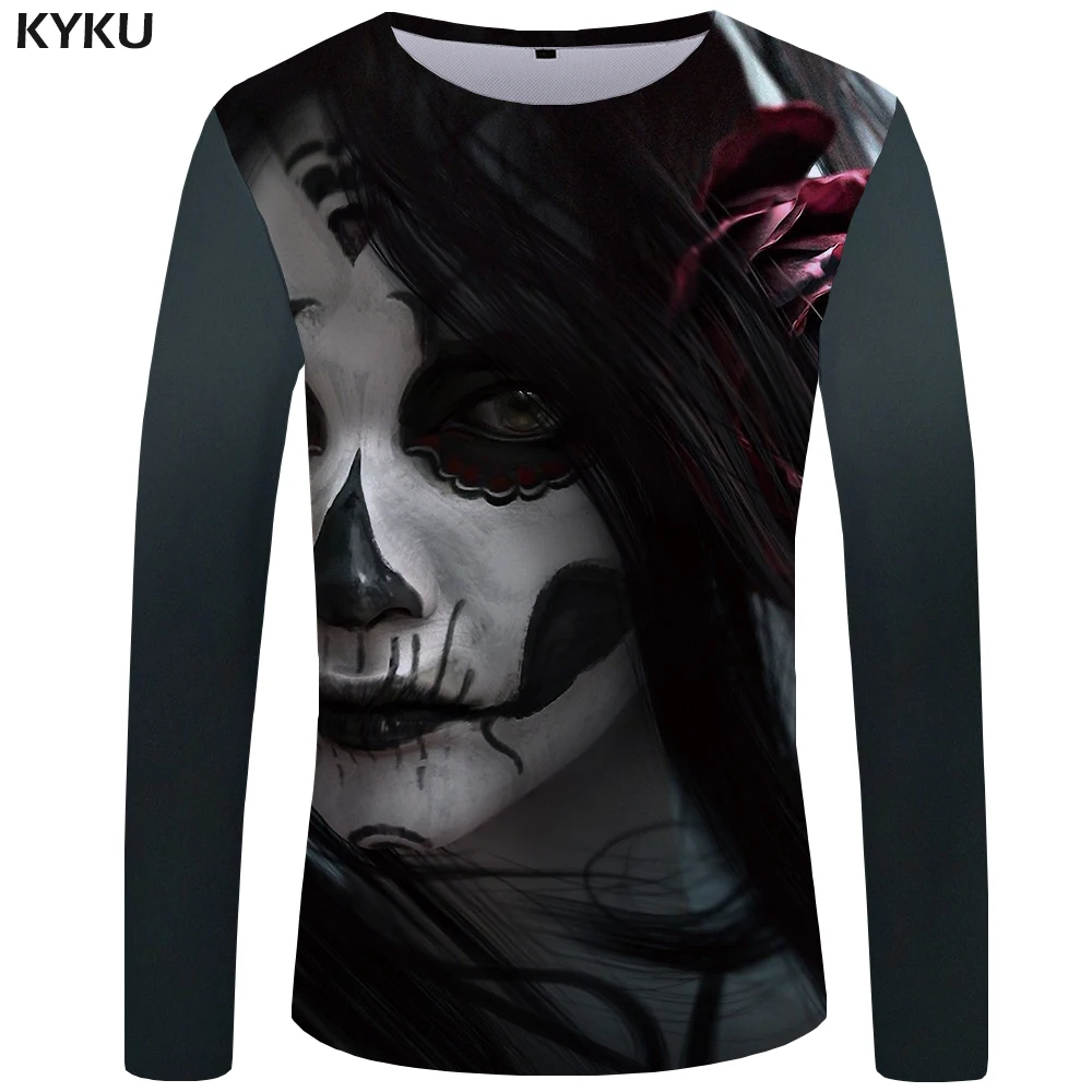 KYKU бренд череп футболка Для мужчин длинная рубашка с рукавами черного цвета в стиле панк дьявол уличная рок с принтами футболка рок Графический Для мужчин s Костюмы