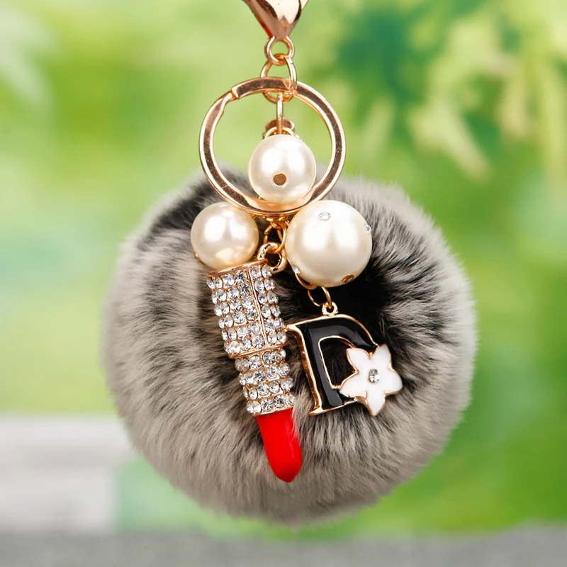 

Crystal Lipstick Keychain 8cm Fur Ball Pom Pom Key Chain Fluffy Rabbit Fur Key Chains Ring Bag Charm Pendant for Women Jewelry