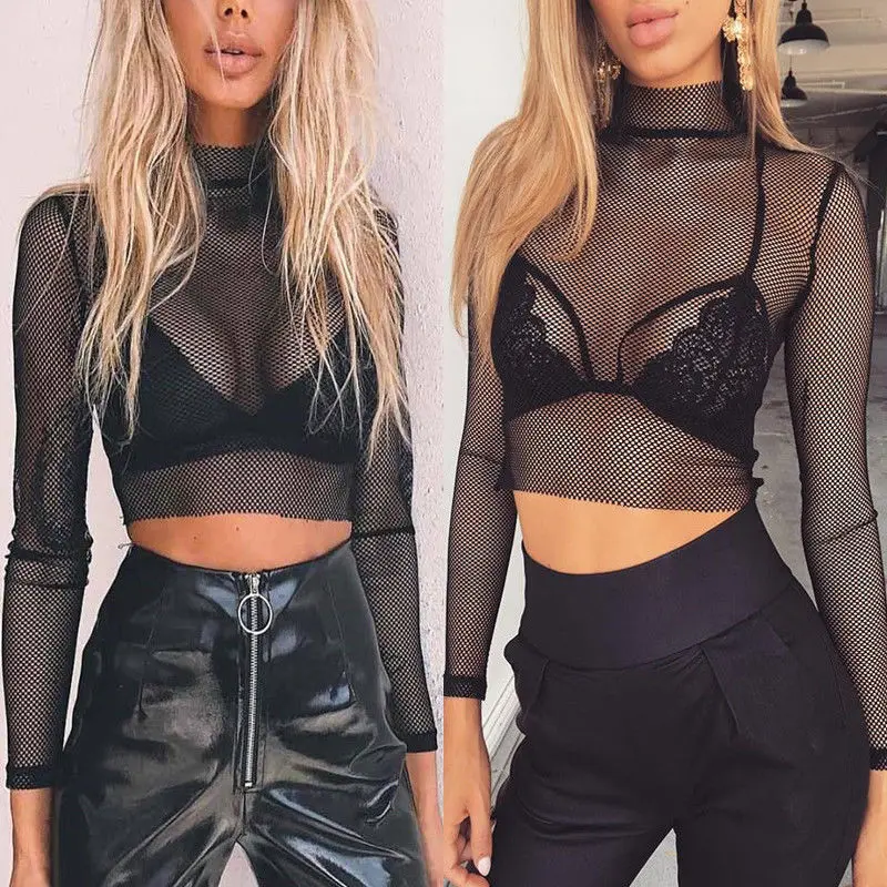 

2018 Sexy Women Blouses See Through Transparent Mesh Stand Neck Long Sleeve Sheer Blouse Shirt Ladies Tops Tee Plus Size