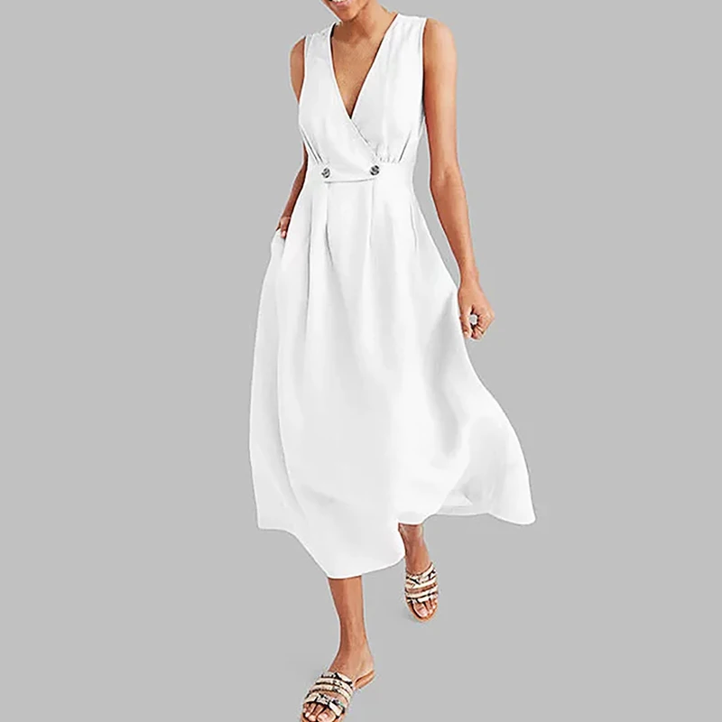 

Elegant Beach Style Women Sleeveless Sexy V Neck Slim Mid-Calf Dresses Solid Color Vestidos Female Clothes New Summer Sun Dress