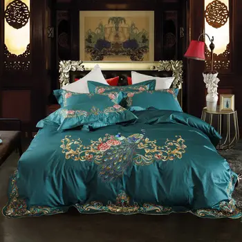 

Green Red Luxury Peacock Embroidery 80S Egyptian cotton Wedding Bedding Set Duvet Cover Bed sheet Bed Linen Pillowcases 4pcs