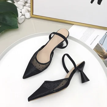 

Vogue Polka Dot High Heel Women Sandals Pointed Toe Lace Mules Sandals Shoes Vintage Geometry Heel Women Sandals SWC0200