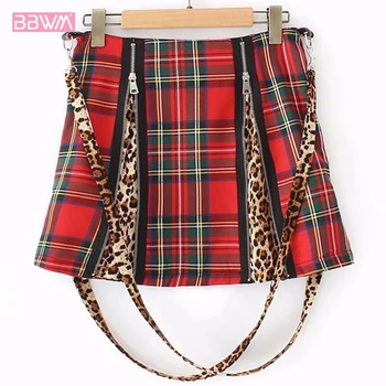 

Leopard stitching plaid zipper skirt with personality plaid female skirt 2019 summer sexy delicate women skirt