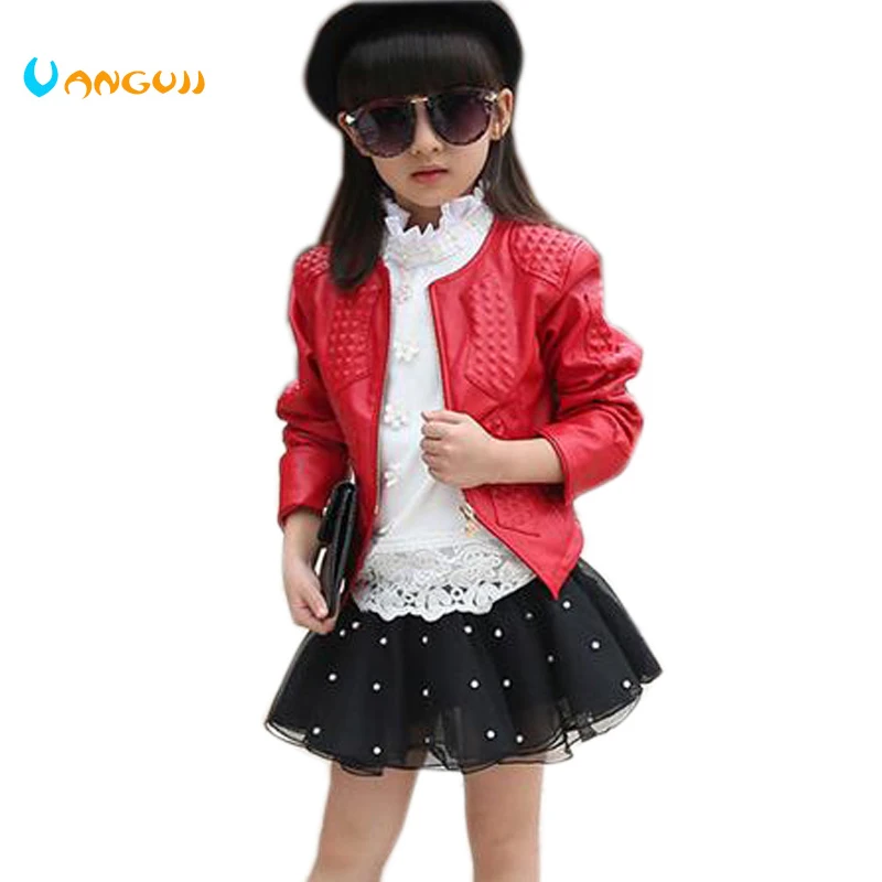 Goedkoop Meisjes pu jas lente herfst 2018 nieuwe Koreaanse kleine lederen Embossing jas in de kind kinderen PU lederen jas 2 kleur