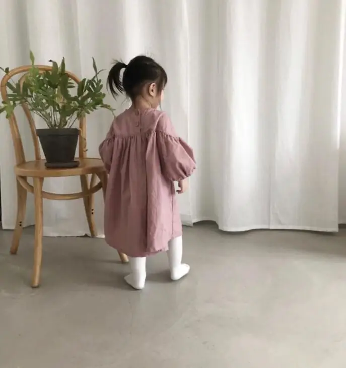 Autumn Girls Cotton and Linen Lantern Sleeves A Line Princess Dresses Toddler Children Cotton Long Length Ruch Causal Dress