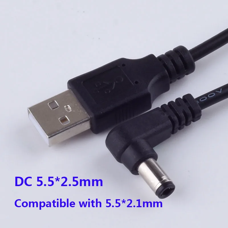 

DC Power Plug USB Convert To DC5.5*2.5mm/DC5.5*2.1mm L Shape Black Right Angle Jack With Cord Connector Cable