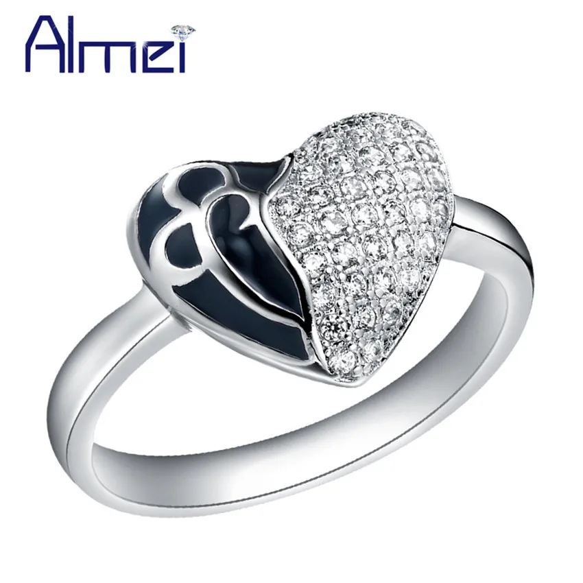 

Almei Fashion Heart Engagement Ring For Wonder Women Silver Color Black Enamel Cubic Zirconia Cheap Rings Female Jewelry J214