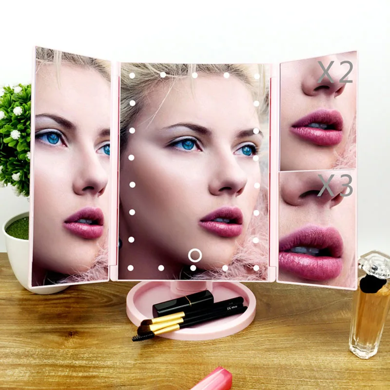 

JS Led Lighted Vanity Mirror Make Up Tri-Fold with 22Pcs Lights 180 Degree Free Rotation Table Cosmetic Bathroom Mirror