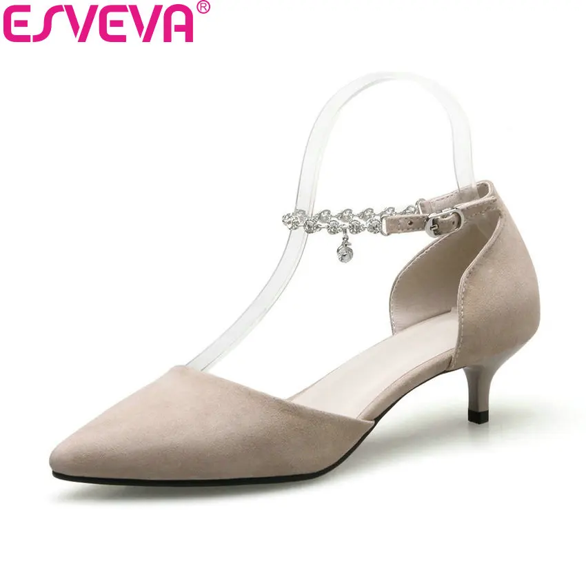 

ESVEVA 2018 Women Pumps Buckle Strap Decoration Crystal Thin Med Heels Sexy Pointed Toe Two-piece Shoes for Women Size 34-41