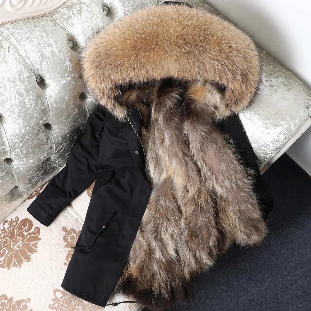 

2019 New Winter Women Natural Real Raccoon Fur Collar Parka Jacket Detachable Real Raccoon Fur Liner Thick Warm Streetwear Brand