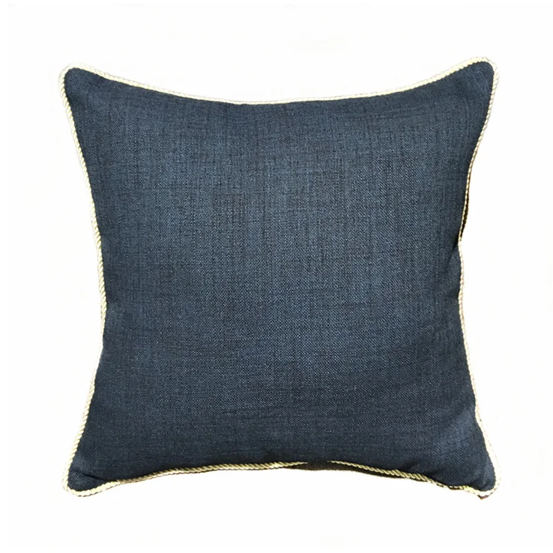 

Free Shipping Dark Denim Blue linen-like Plain Cushion cover Solid Faux Linen Pillow case Square Rope Pipping 45 x 45 cm