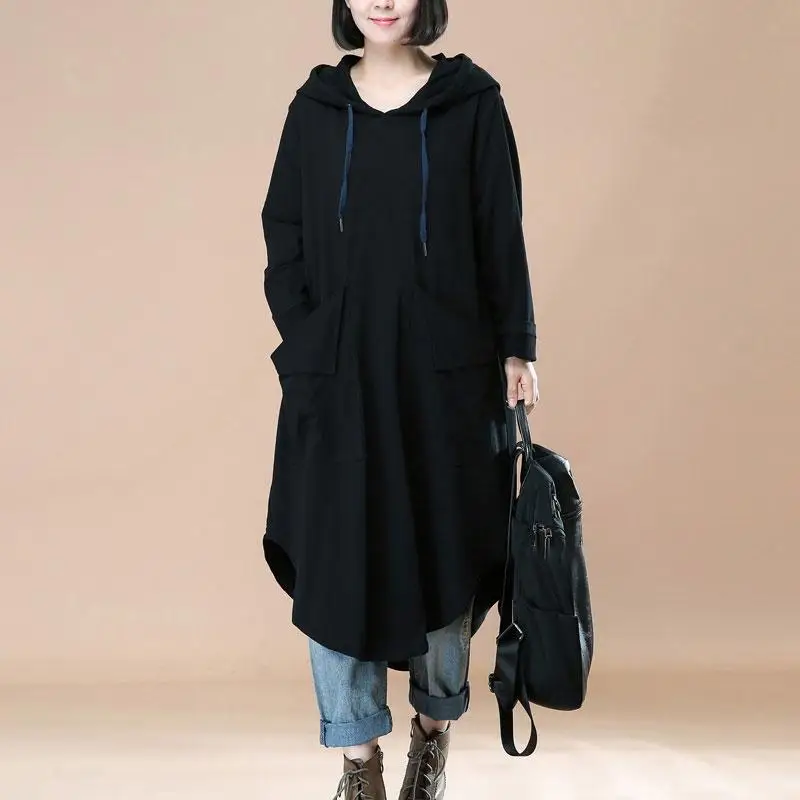 ZANZEA, осенняя Женская винтажная толстовка с капюшоном и длинным рукавом, повседневные свободные толстовки с карманами, длинный пуловер - Цвет: Black