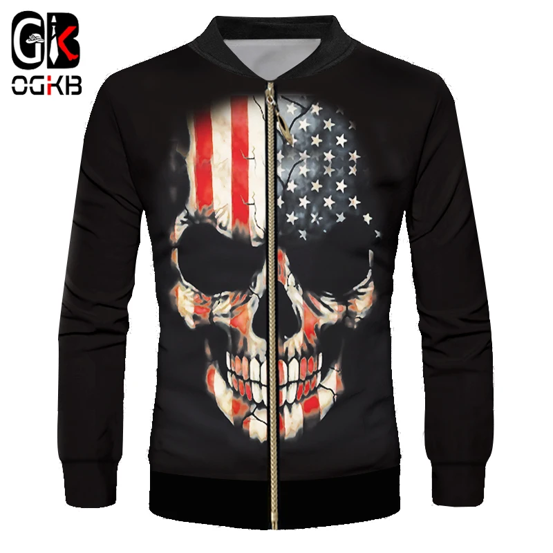 

OGKB 2018 Spring Fall 3d Printed Vintage American Flag Skull Bomber Jacket Unisex Mystery Gothic Punk Style Long Sleeve Coats