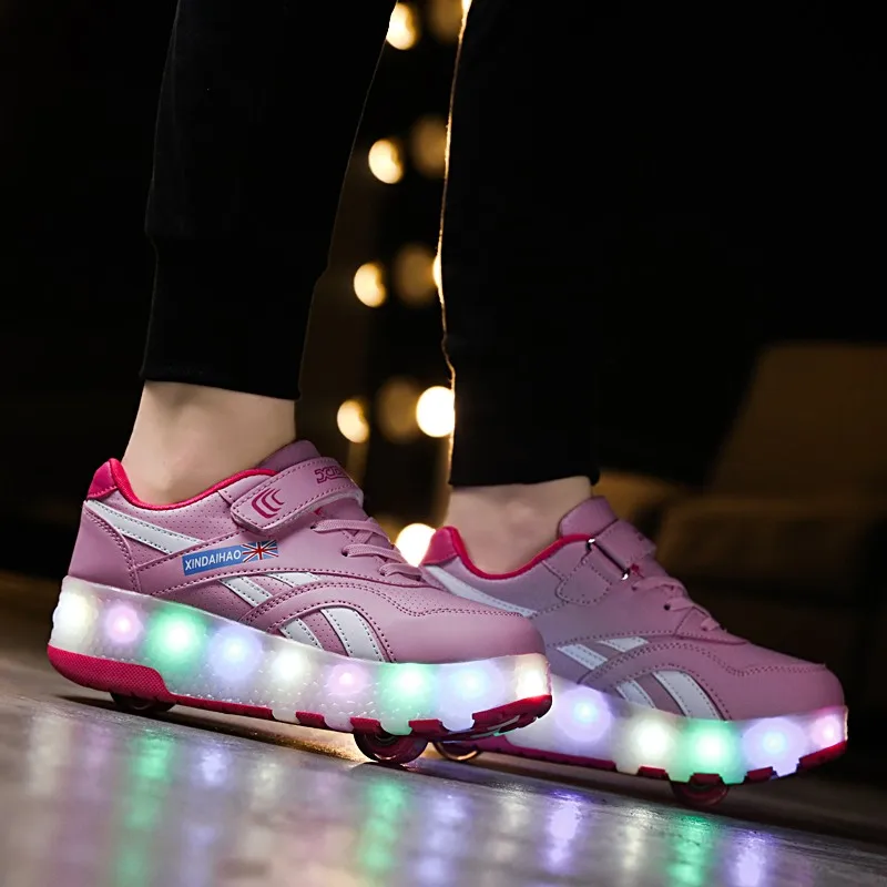 

USB Charged LED Flashing Double Roller Skate Shoes Invisible Automatic Pulley Roller Shoes Luminous Sneakers Light Up Shoes