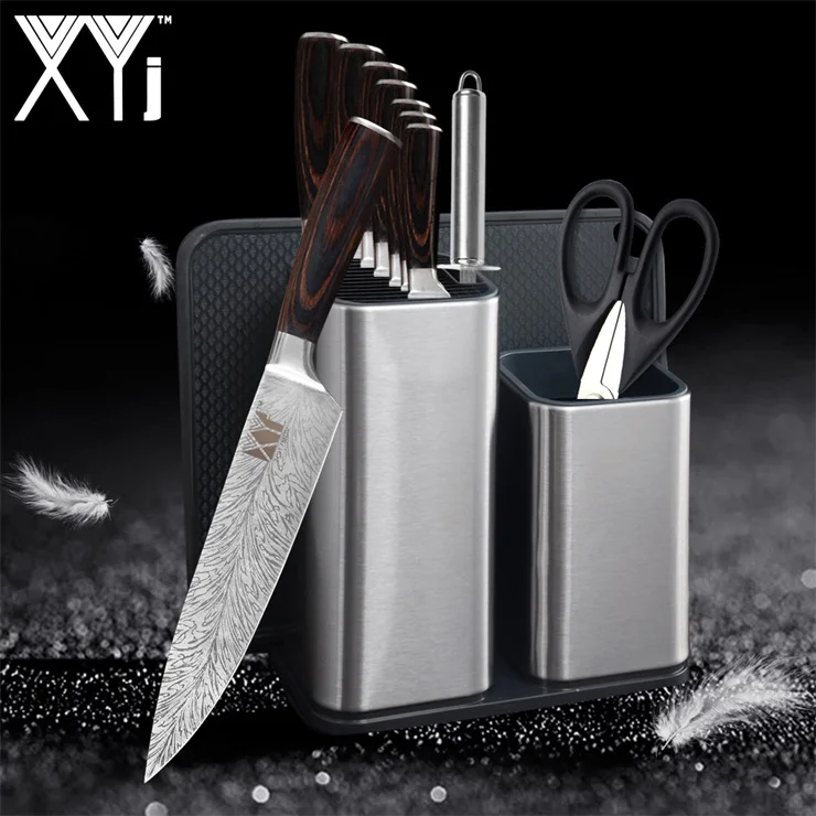 

XYj Stainless Steel Knives Feather Pattern Kitchen Knives Set Sharpener Rod Scissors Knife Holder Stand Block Kitchen Tools