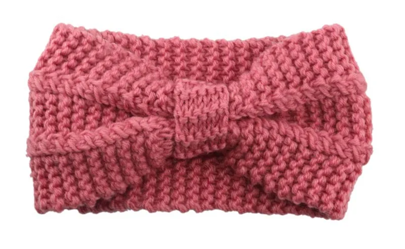 Женская зимняя теплая повязка на голову с ушками, Модная вязаная крючком широкая эластичная шерстяная Тюрбан ручной работы с бантом, широкая повязка на голову - Цвет: Pink 1