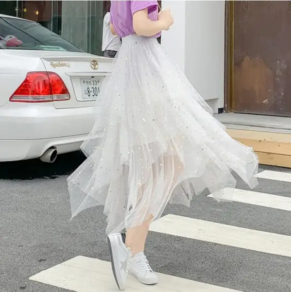Women's Skirts Summer 2020 New Korean Stars Sequin Elegant High Waist A-line Pleated Elastic Belt School Spring Midi Skirt Femme White