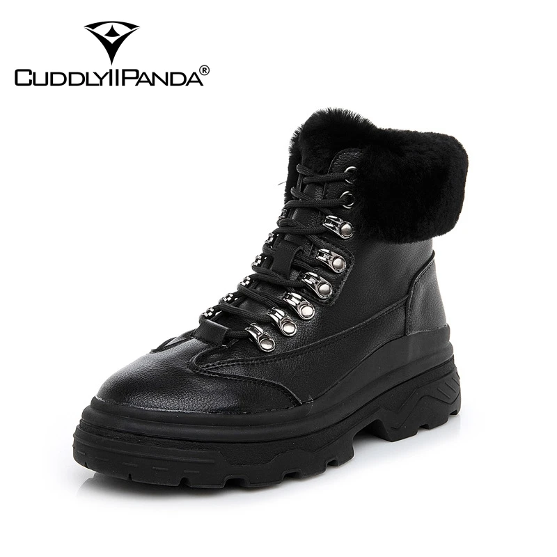 

CuddlyIIPanda Women Fashion Metal Ankle Boots Genuine Leather Warm Plush Martin Boots Autumn Winter High Top Women Rivets Shoes