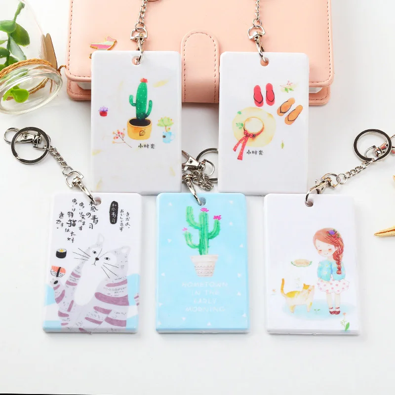 

New 2018 Cute Hand Painted Bank Credit Card Holder Women Card Cover Bus Id Card Case Holders Identity Badge With Keychain