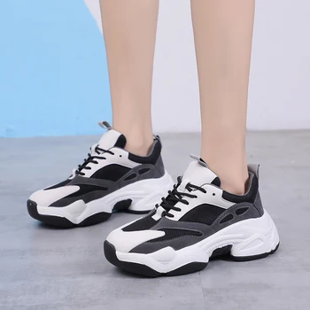 

Women Casual Shoes Black Beige Patchwork Breathable Women Chunky Sneakers Lace-up Ladies Platform Shoes Thick Sole Footwear