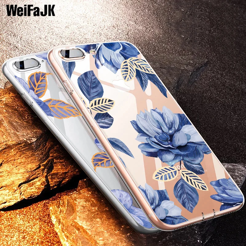 

WeiFaJK Girl Blue Flower Silicone Case For iPhone 6 6s 7 8 Plus Case Floral Clear TPU Soft Slim Cover For iPhone 5s 6 7 8 Plus X