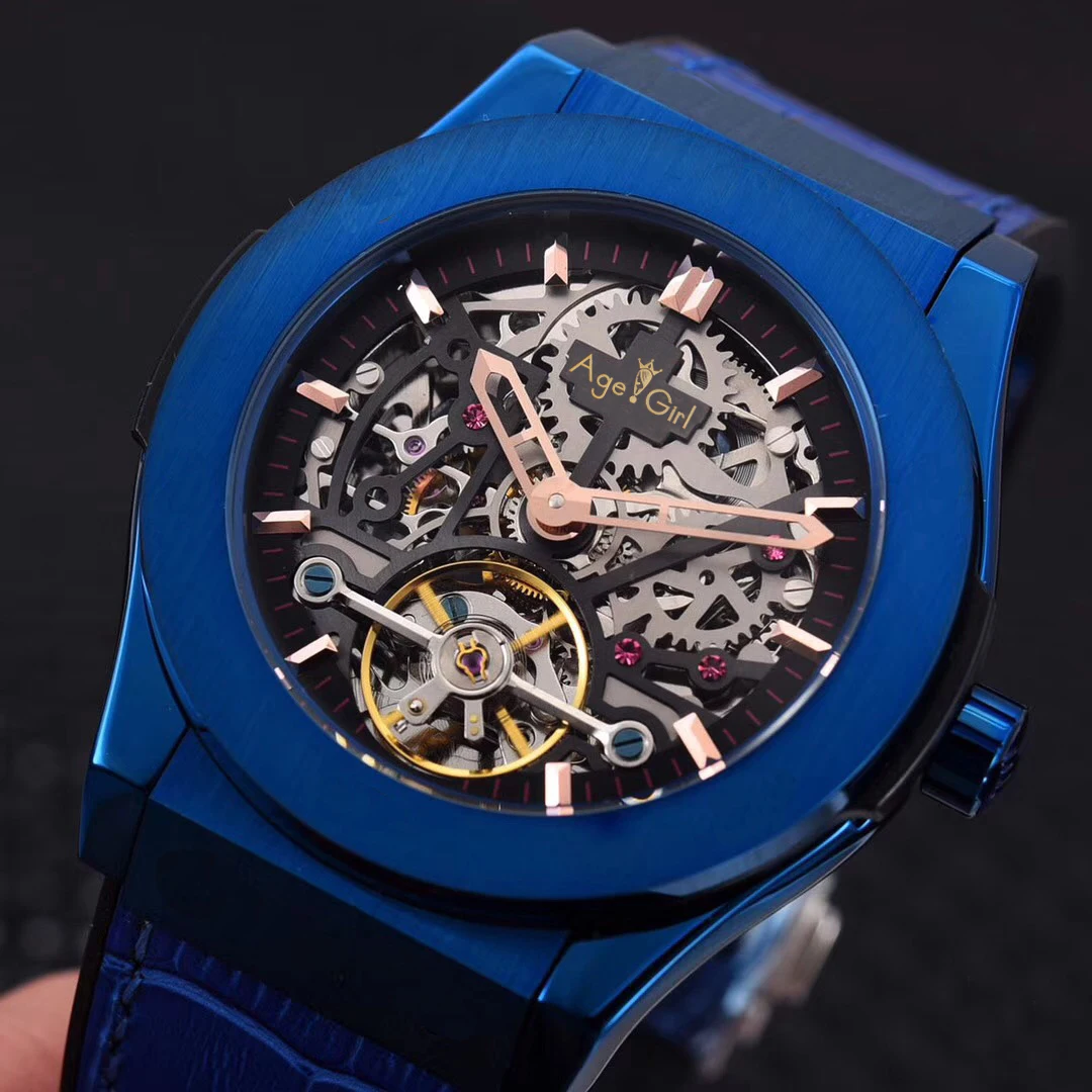 

Luxury Brand New Men Rose Gold Silver Black Blue Grey Leather Automatic Mechanical Sapphire Tourbillion Watch Transparent Geneve